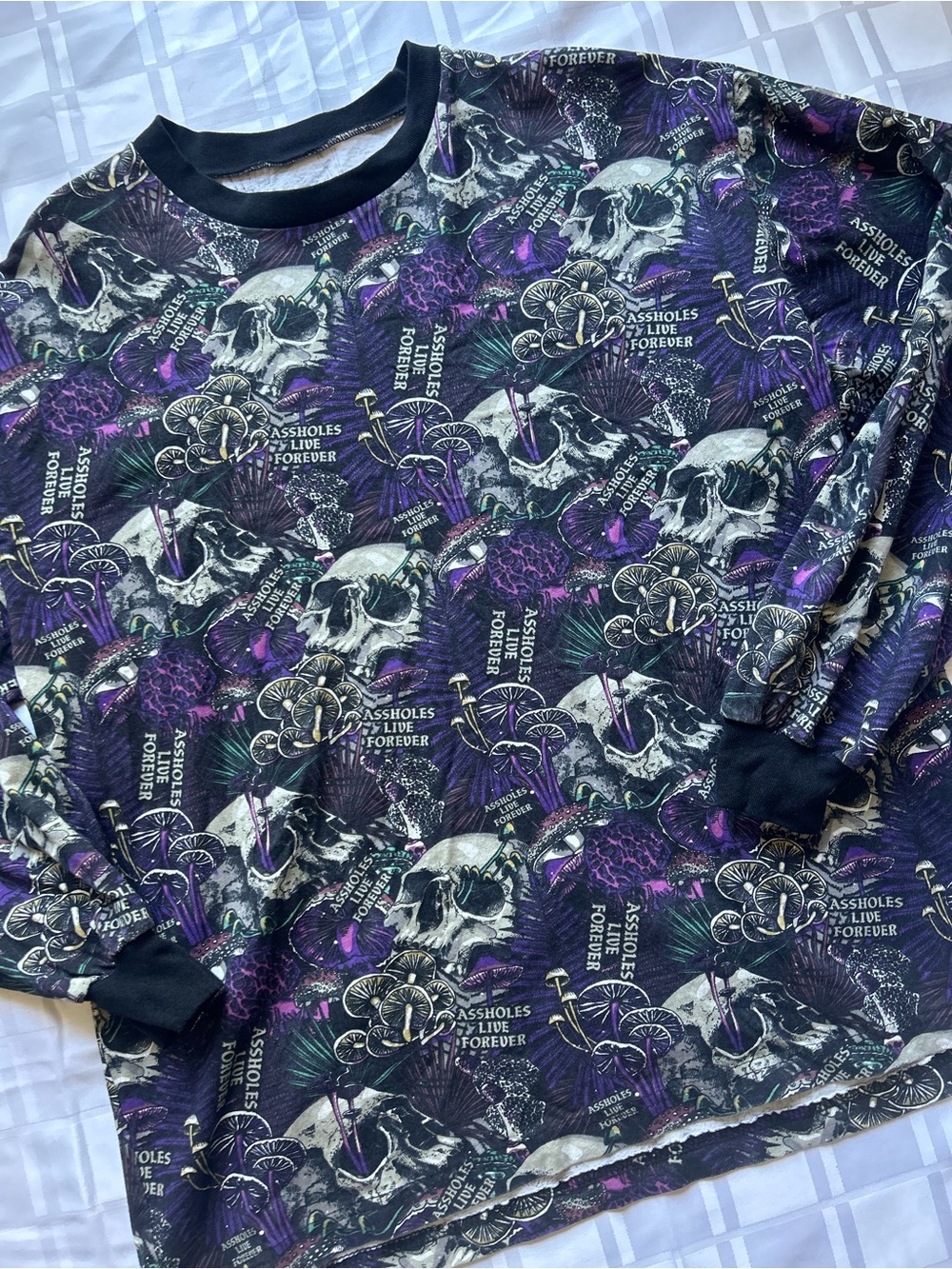 Assholes Live Forever Purple & Black Skull & Floral Graphic Long Sleeve Tee